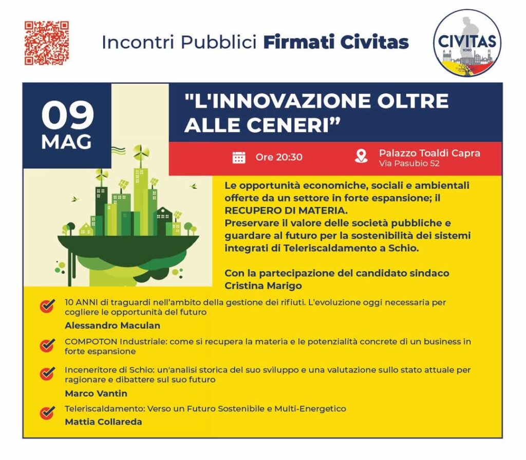 Locandina di invito all'incontro pubblico promosso da CIVITAS Schio "L'innovazione oltre le ceneri" del 9 maggio 2024.